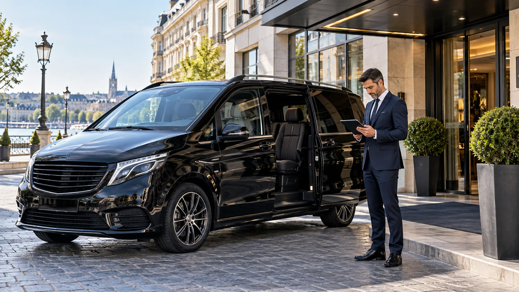 Professional driver reviewing trip details beside a transfer vehicle