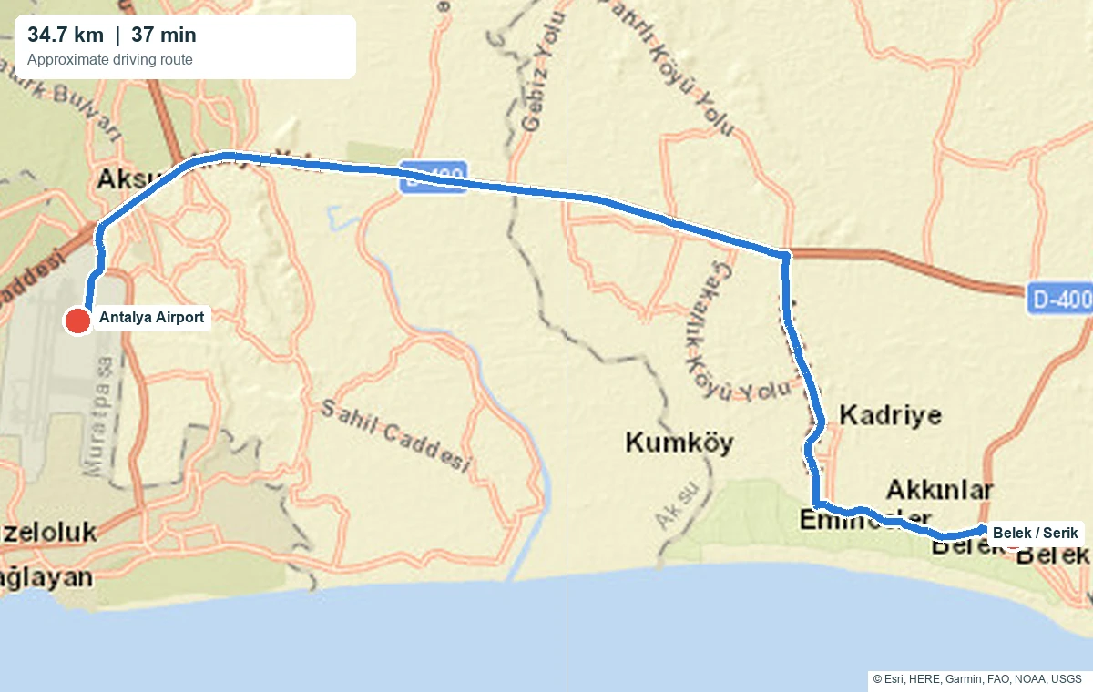 Antalya Havalimanı Belek Transfer 4 - Antalya Havalimanı Belek transfer Approximate route from Antalya Airport to Belek in Serik