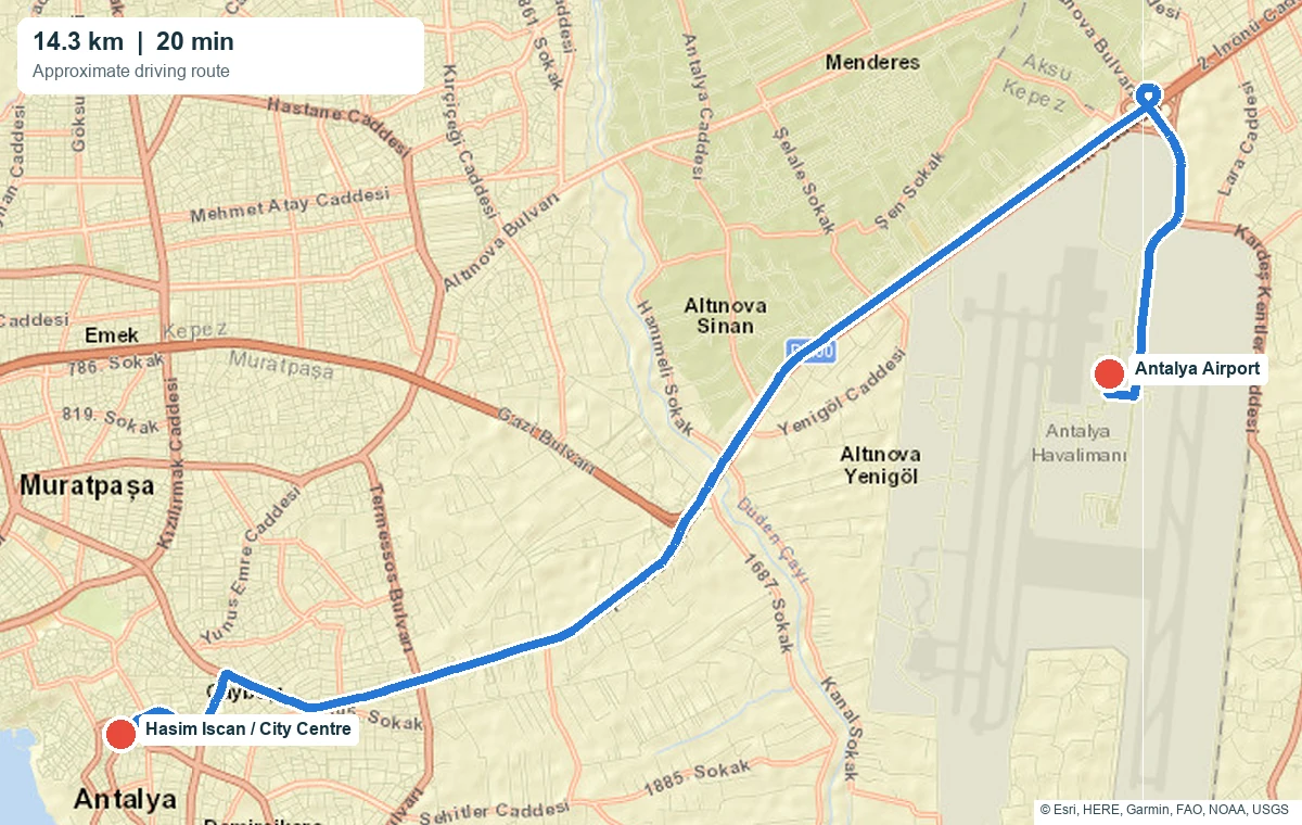 Antalya Airport to Hasim Iscan Transfer 4 - Antalya Airport Hasim Iscan transfer Approximate route from Antalya Airport to Hasim Iscan