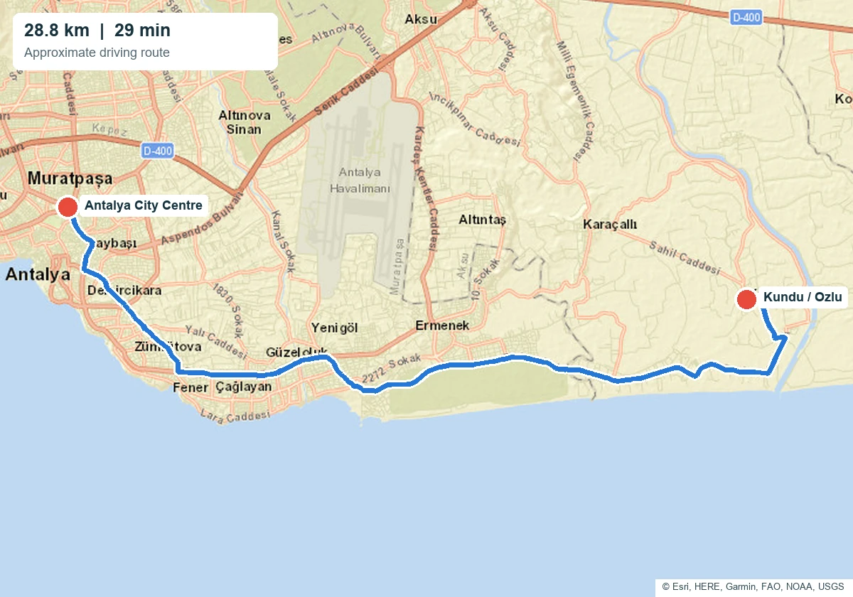 Antalya to Kundu Transfer 4 - Antalya to Kundu transfer Approximate route from Antalya city centre to Kundu / Özlü
