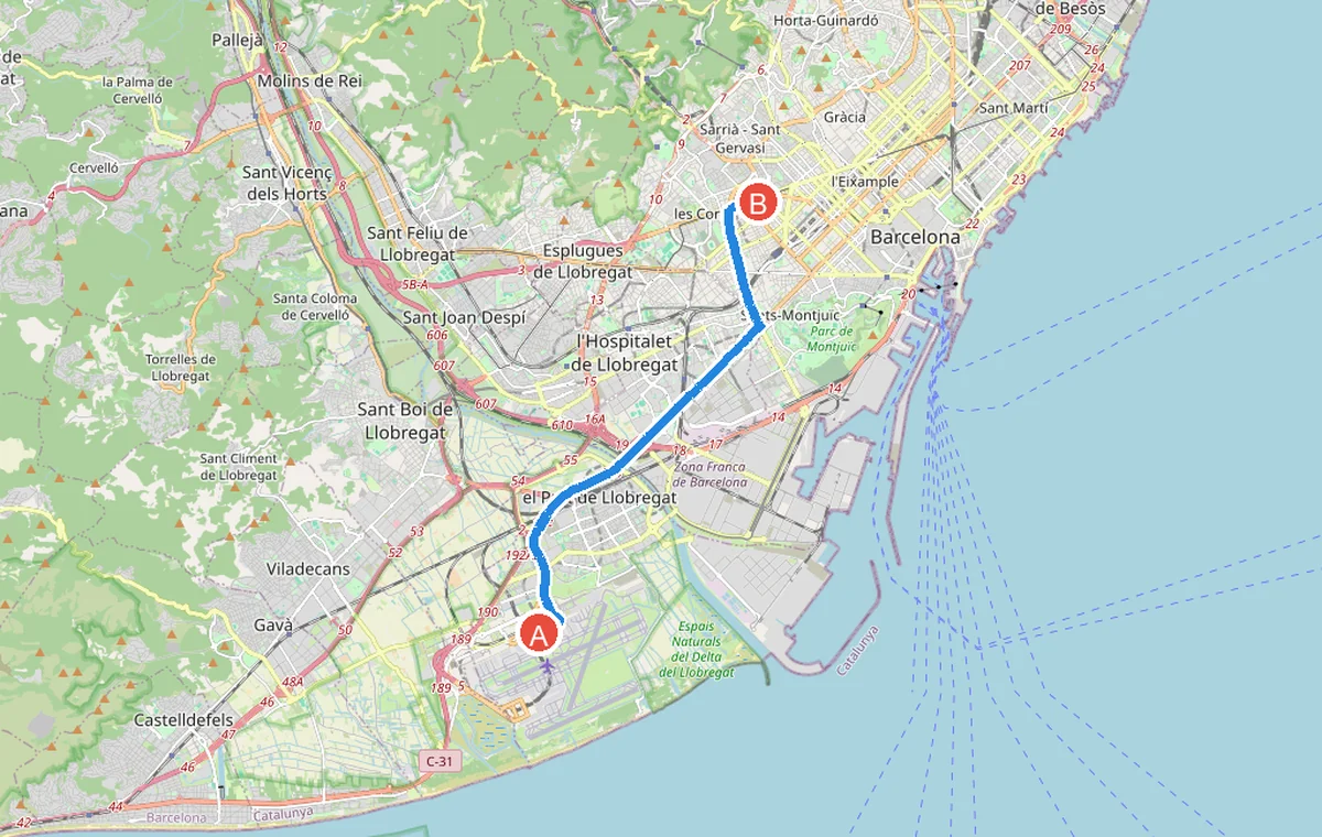 Barcelona Airport to Les Corts Private Transfer 3 - Barcelona Airport to Les Corts Private Transfer Approximate route from Barcelona Airport to Les Corts