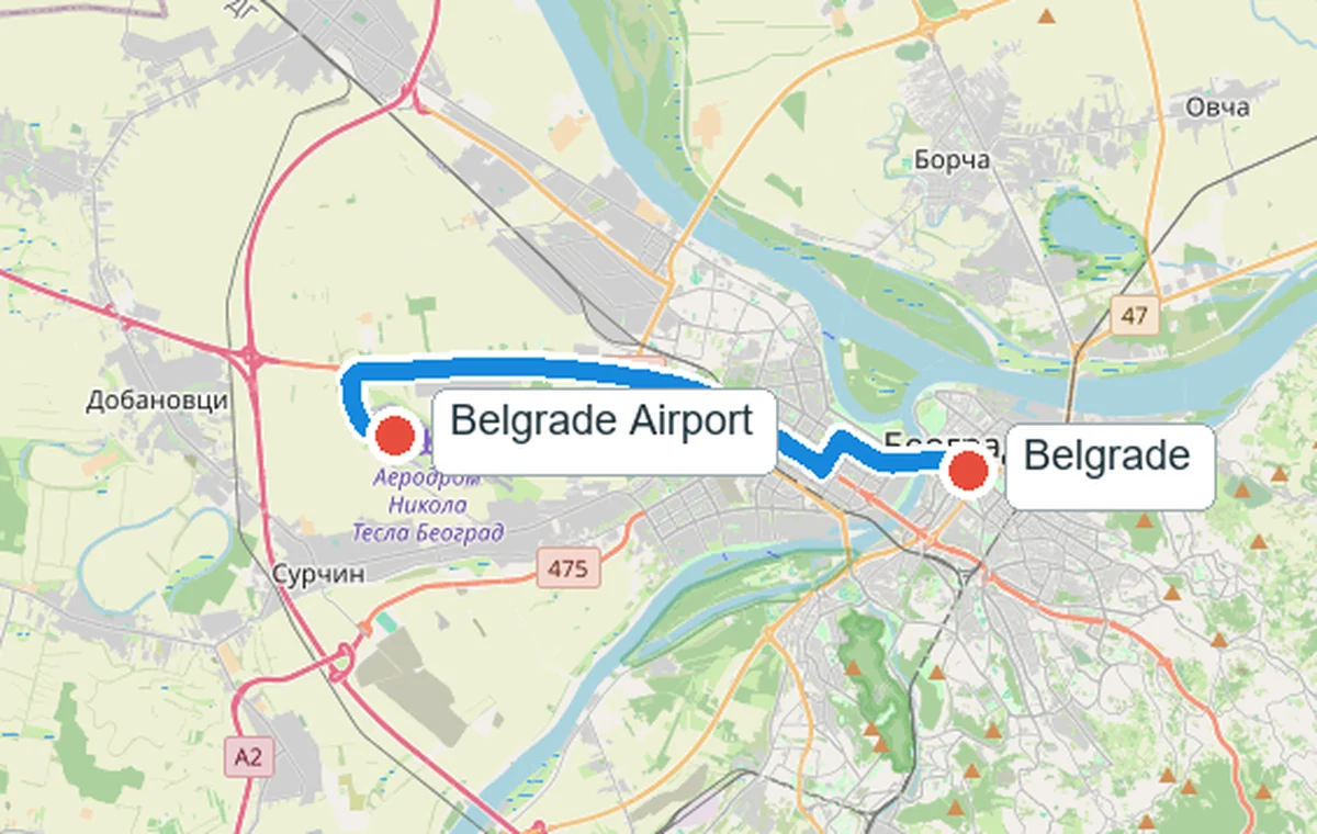 Approximate driving route from Belgrade Airport to the city centre