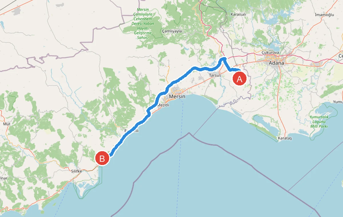 Approximate driving route from Çukurova Airport to the Heaven and Hell sinkholes