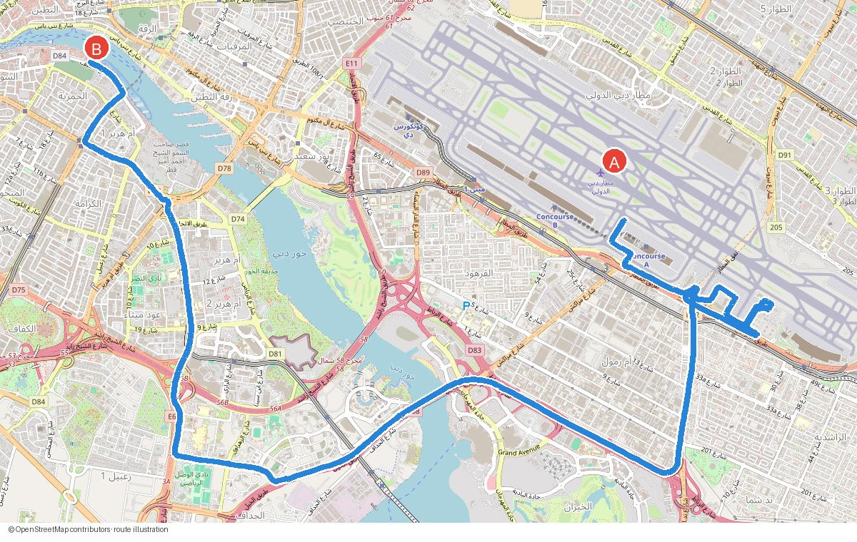 Approximate driving route from Dubai International Airport to Al Hamriya