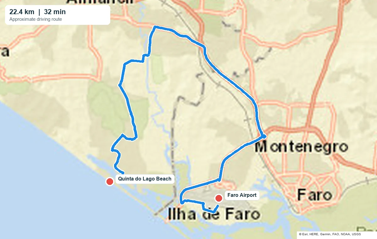 Approximate driving route from Faro Airport to Quinta do Lago Beach
