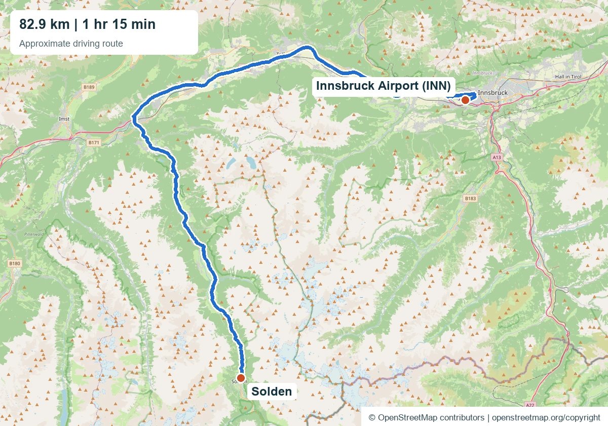 Innsbruck Airport to Sölden transfer: approximate driving route