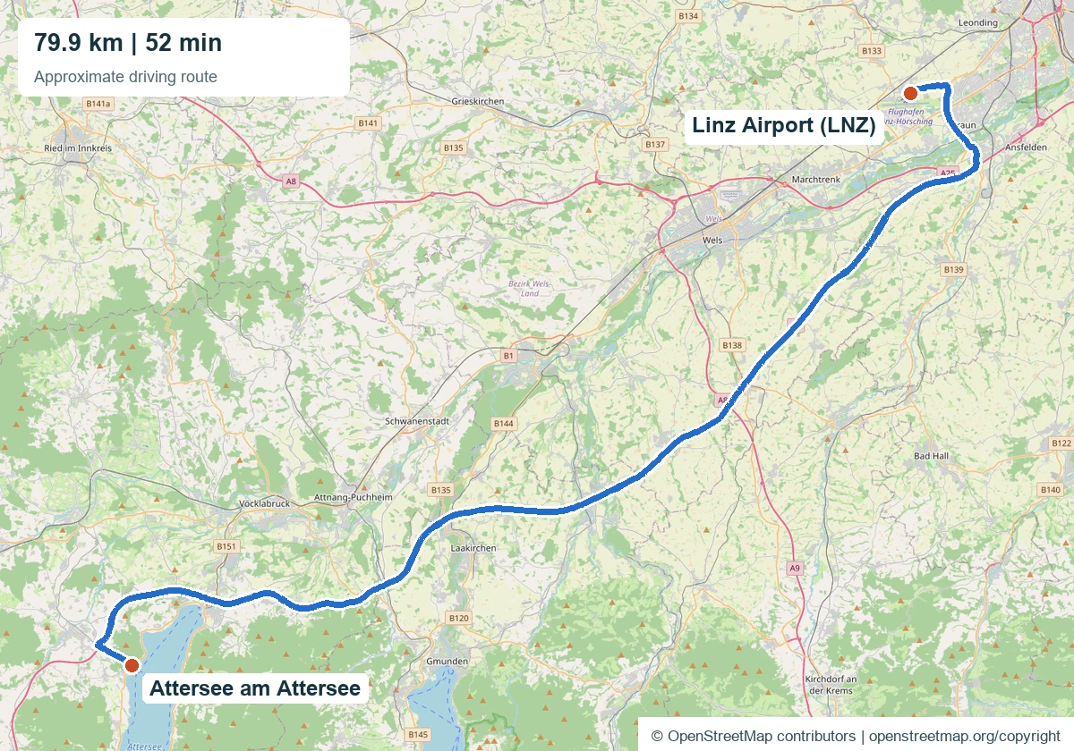 Linz Airport to Attersee transfer approximate road map