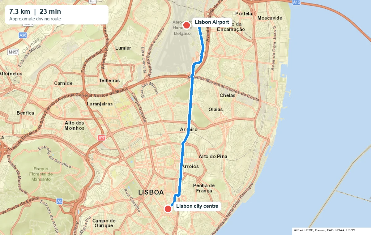 Lisbon Airport to Lisbon Transfer 4 - Lisbon Airport to Lisbon transfer Approximate driving route from Lisbon Airport to Lisbon city centre
