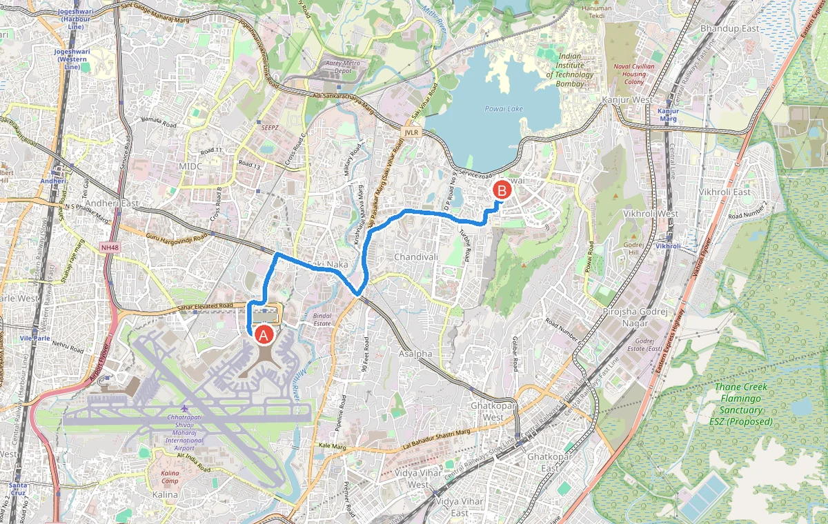 Approximate route from Mumbai Airport T2 to Powai