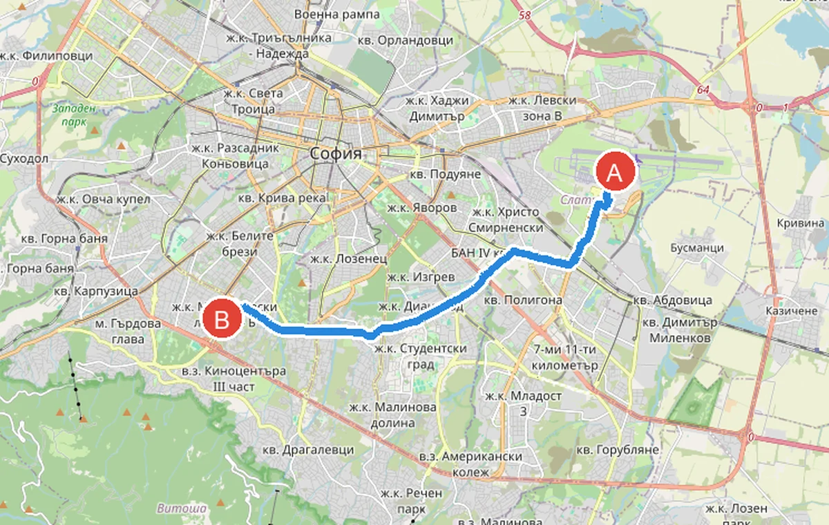 Approximate driving route from Sofia Airport to Manastirski Livadi