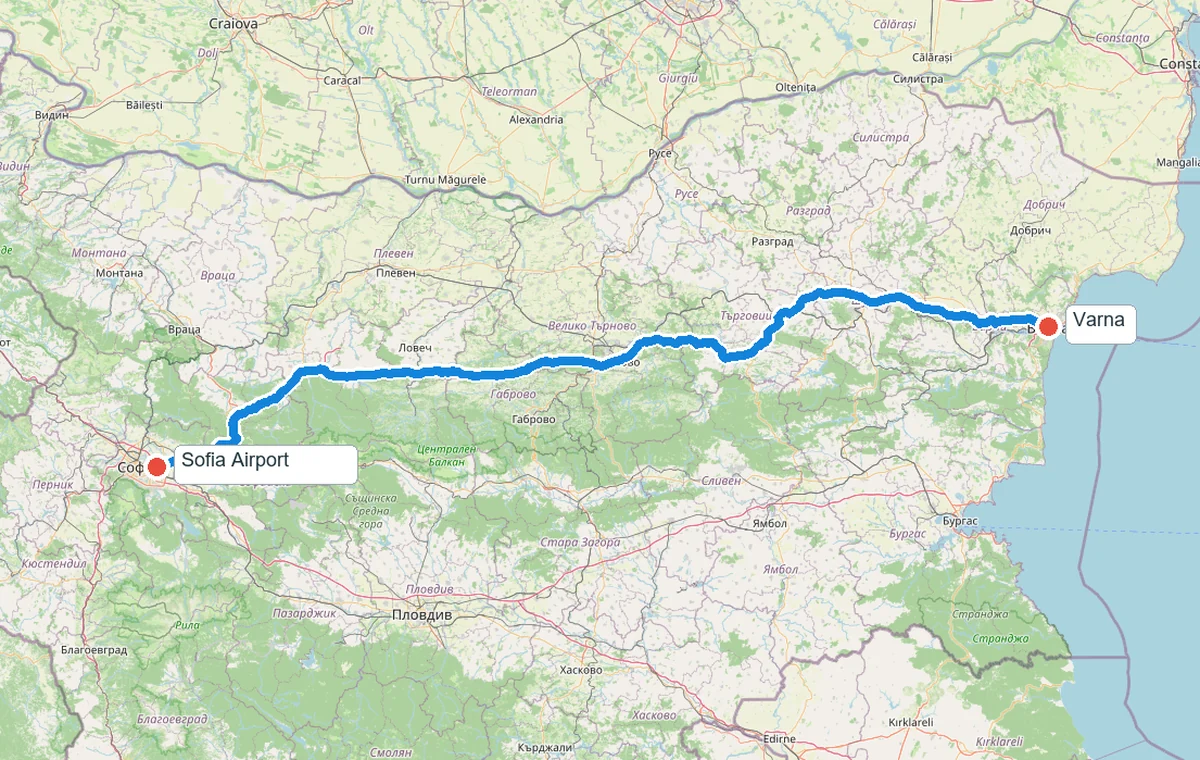 Approximate driving route from Sofia Airport to Varna