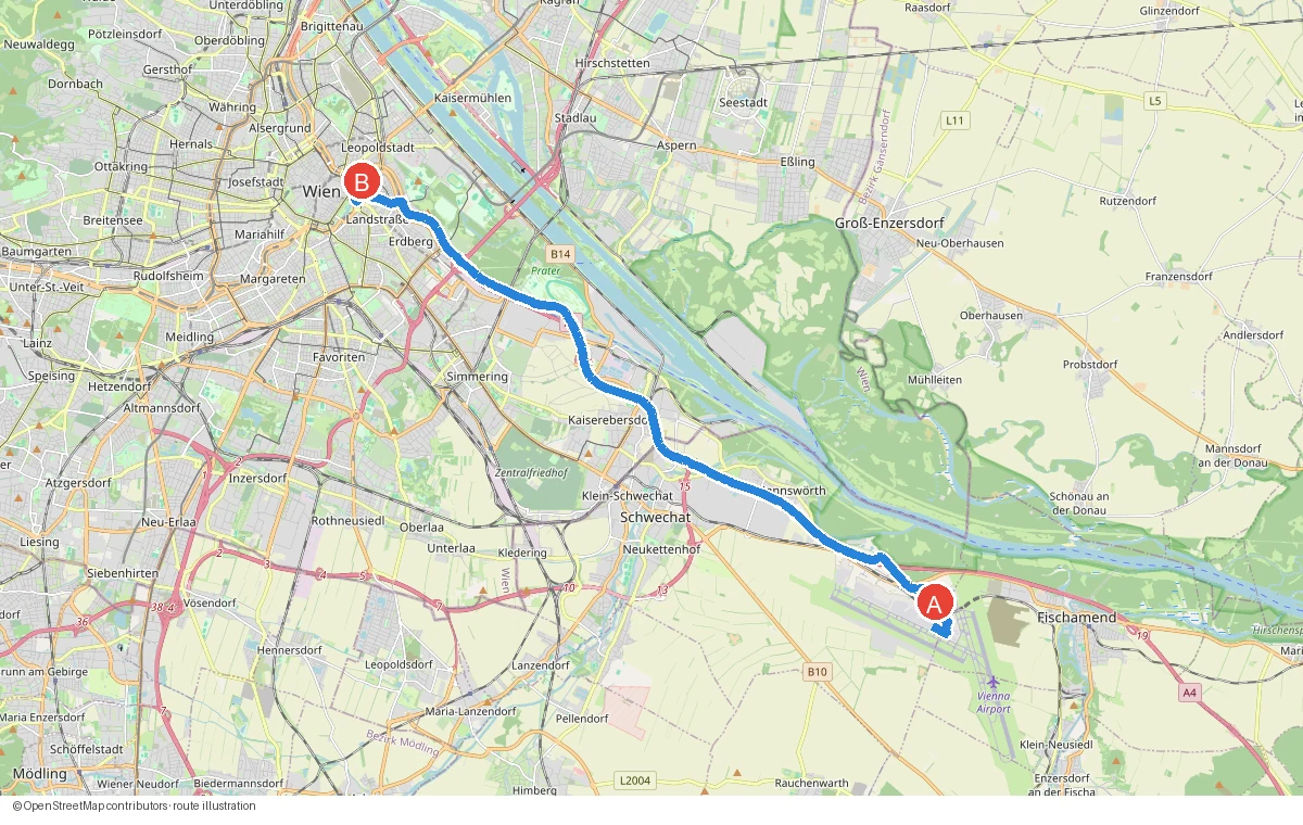 Approximate driving route from Vienna Airport to Landstraße