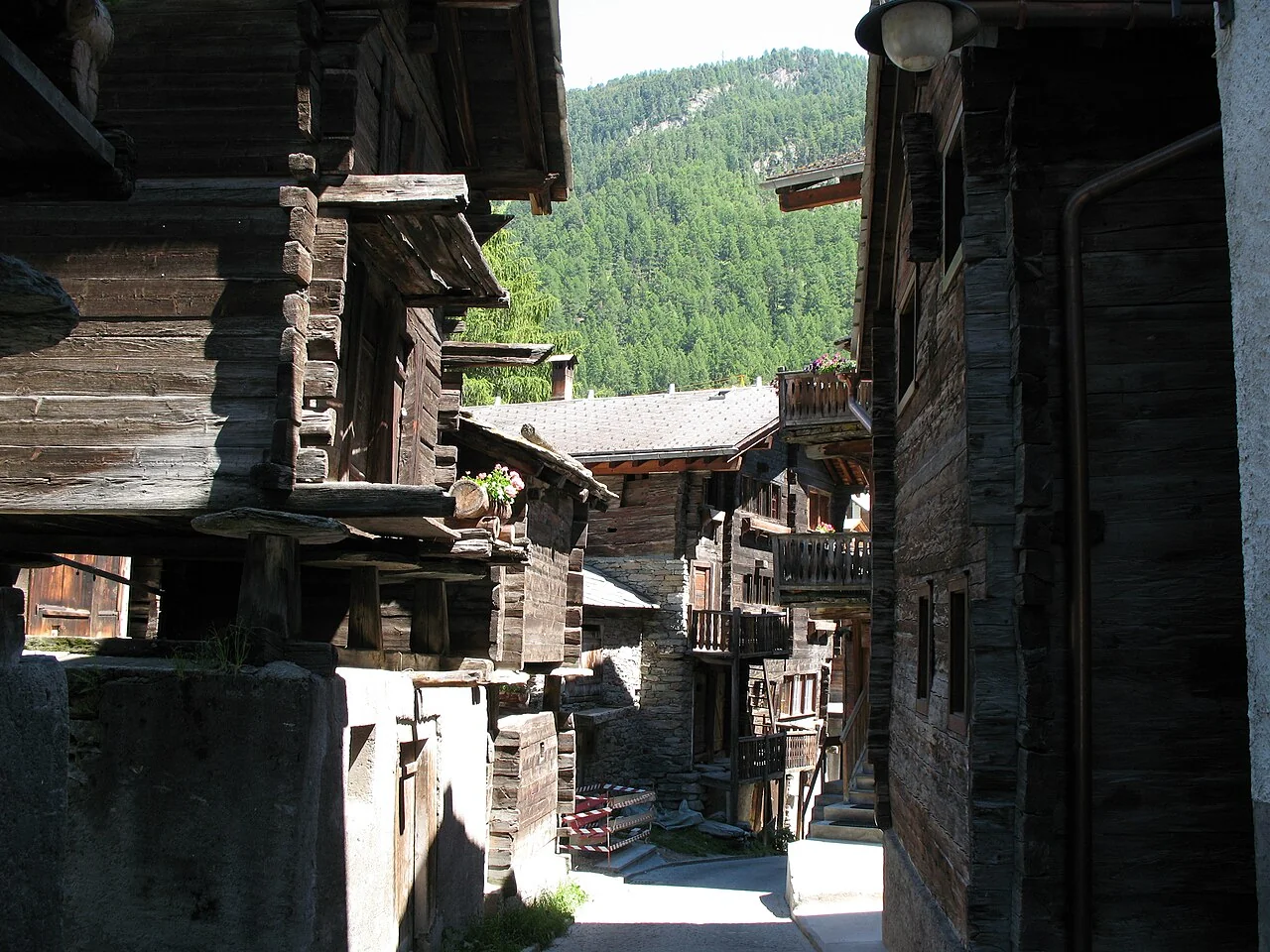 Traditional timber buildings on Hinterdorfstrasse in Zermatt