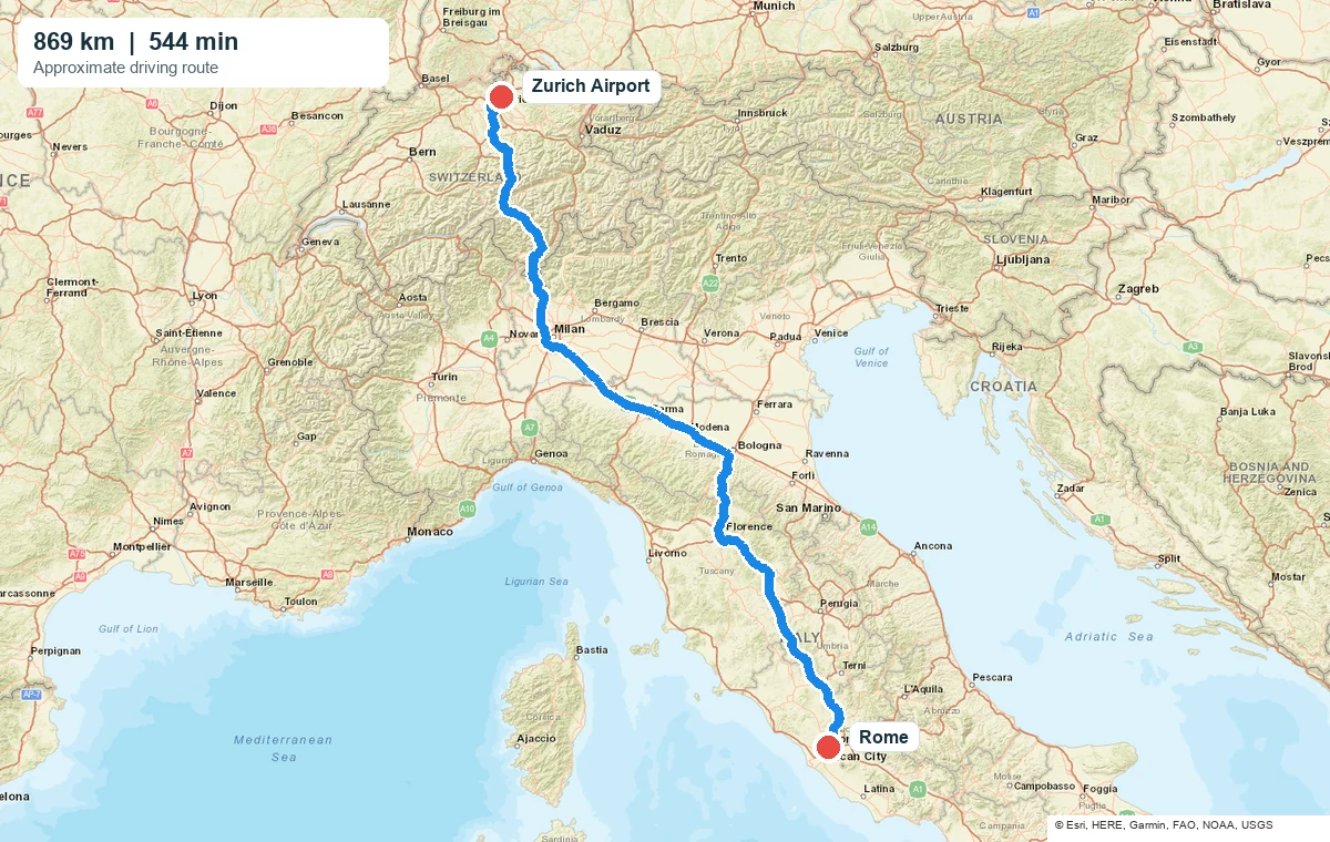 Approximate driving route from Zurich Airport to Rome