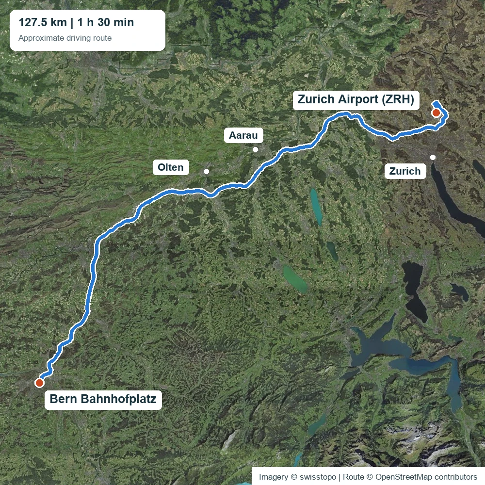 Transfer vom Flughafen Zürich nach Bern: ungefähre Route entlang des A1-Korridors