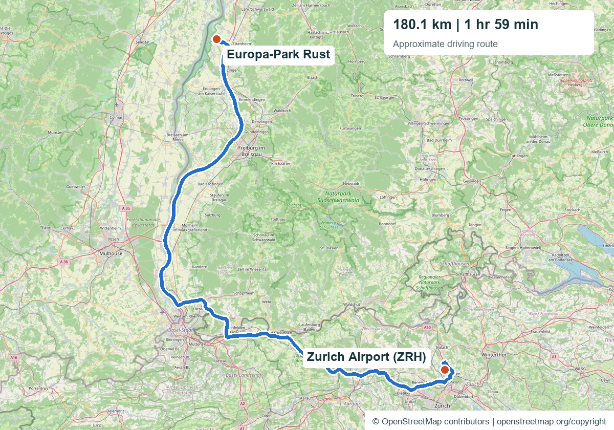 Zurich Airport to Europa-Park Rust transfer approximate route map