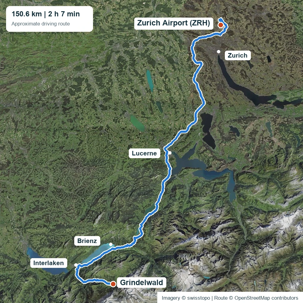 Zurich Airport to Grindelwald transfer: approximate route via Lucerne and Interlaken