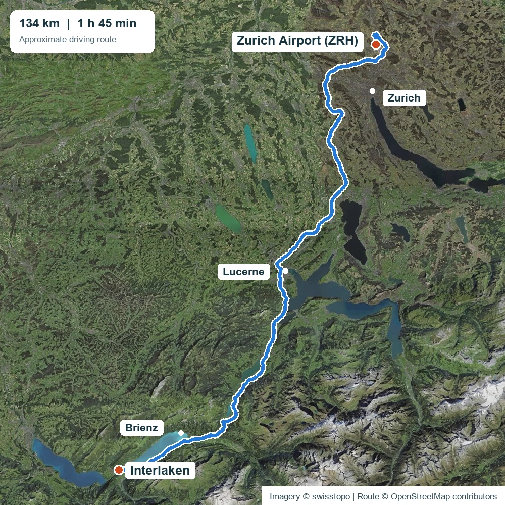 Zurich Airport to Interlaken transfer: approximate route via Lucerne and Brienz