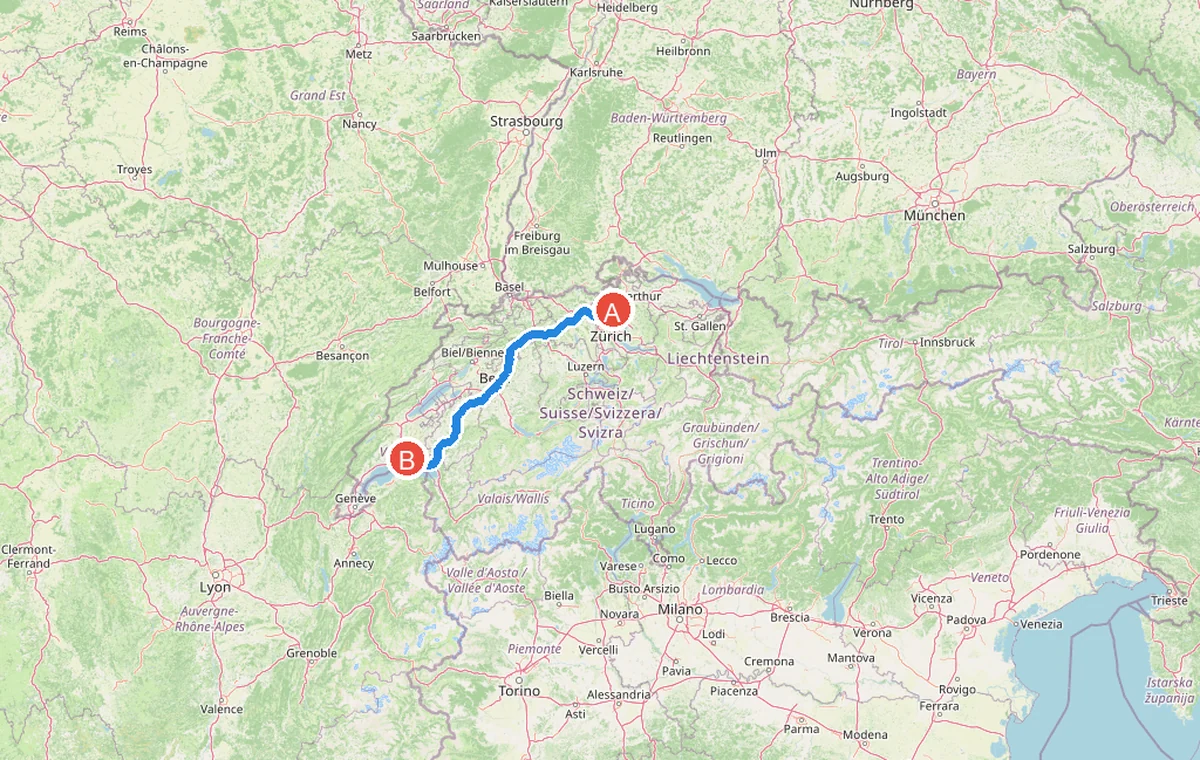 Approximate driving route from Zurich Airport to Lausanne