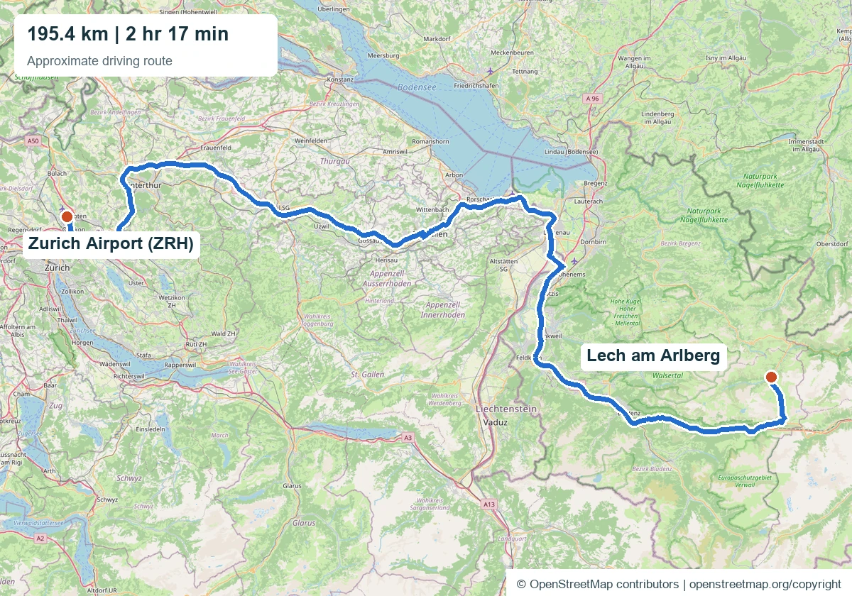 Zurich Airport to Lech transfer: approximate driving route