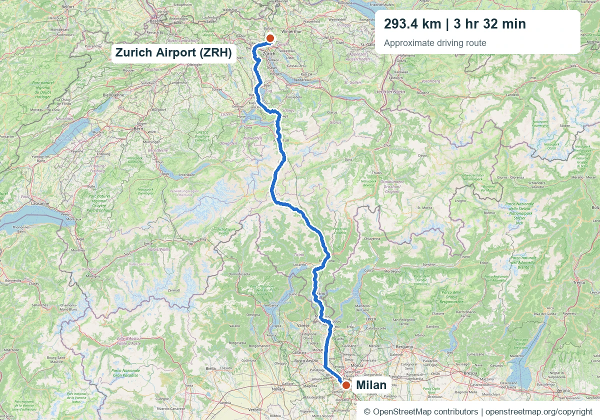 Zurich Airport to Milan Transfer – approximate route map