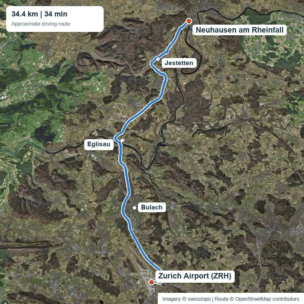 Transfer vom Flughafen Zürich nach Neuhausen: ungefähre Fahrtroute