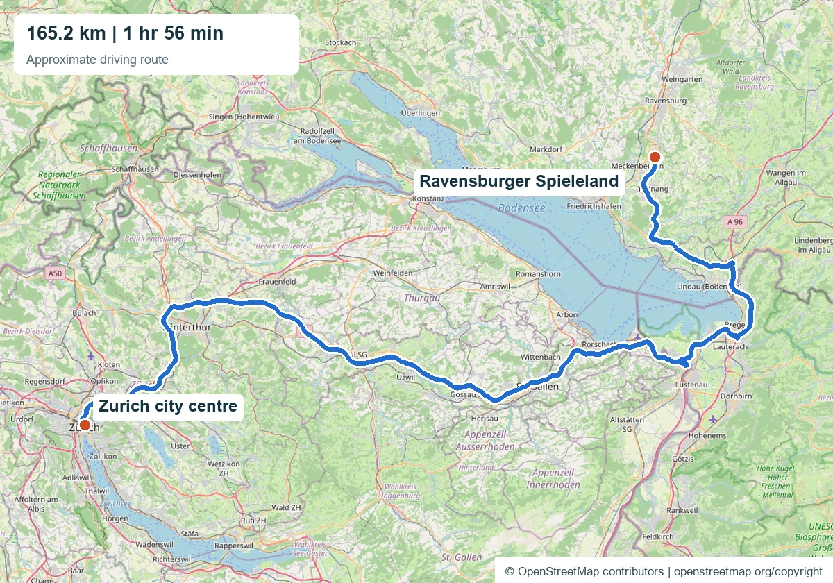Zurich to Ravensburger Spieleland transfer approximate road map