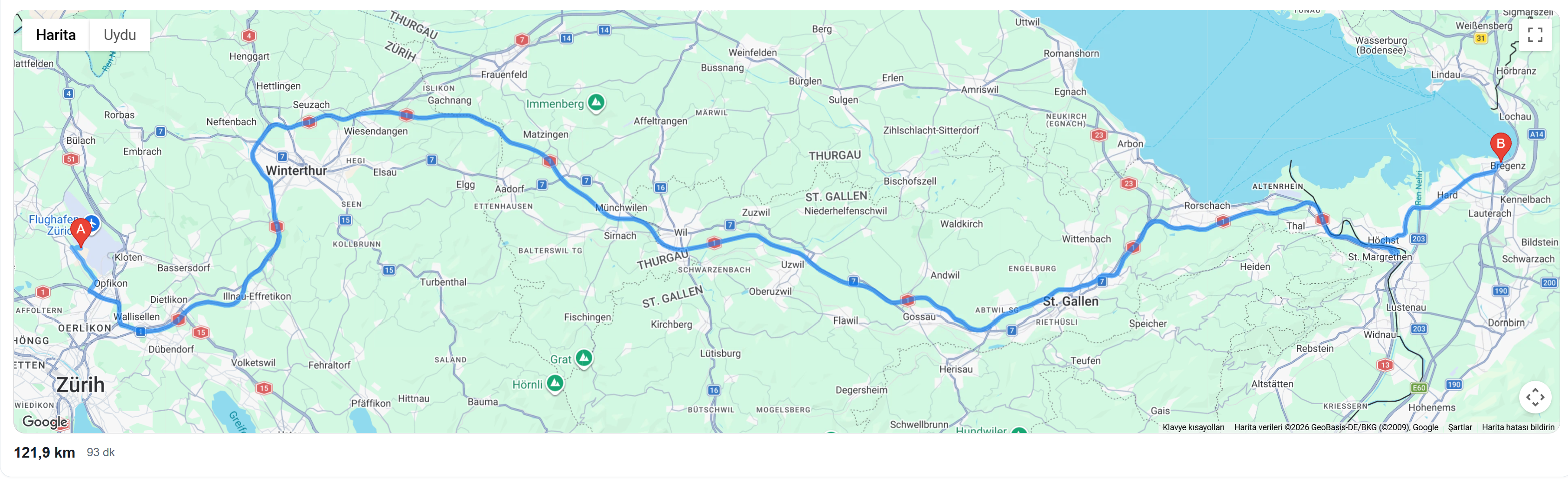 Zurich Airport to Bregenz transfer route via Winterthur and St. Gallen