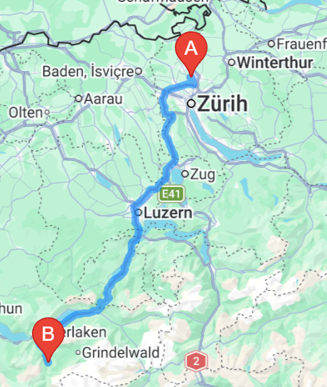 Zurich Airport to Lauterbrunnen transfer route: the selected journey via Lucerne and Interlaken