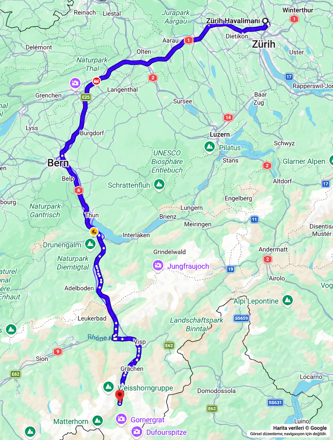 Zurich Airport to Zermatt transfer route: the selected journey from the airport to Täsch